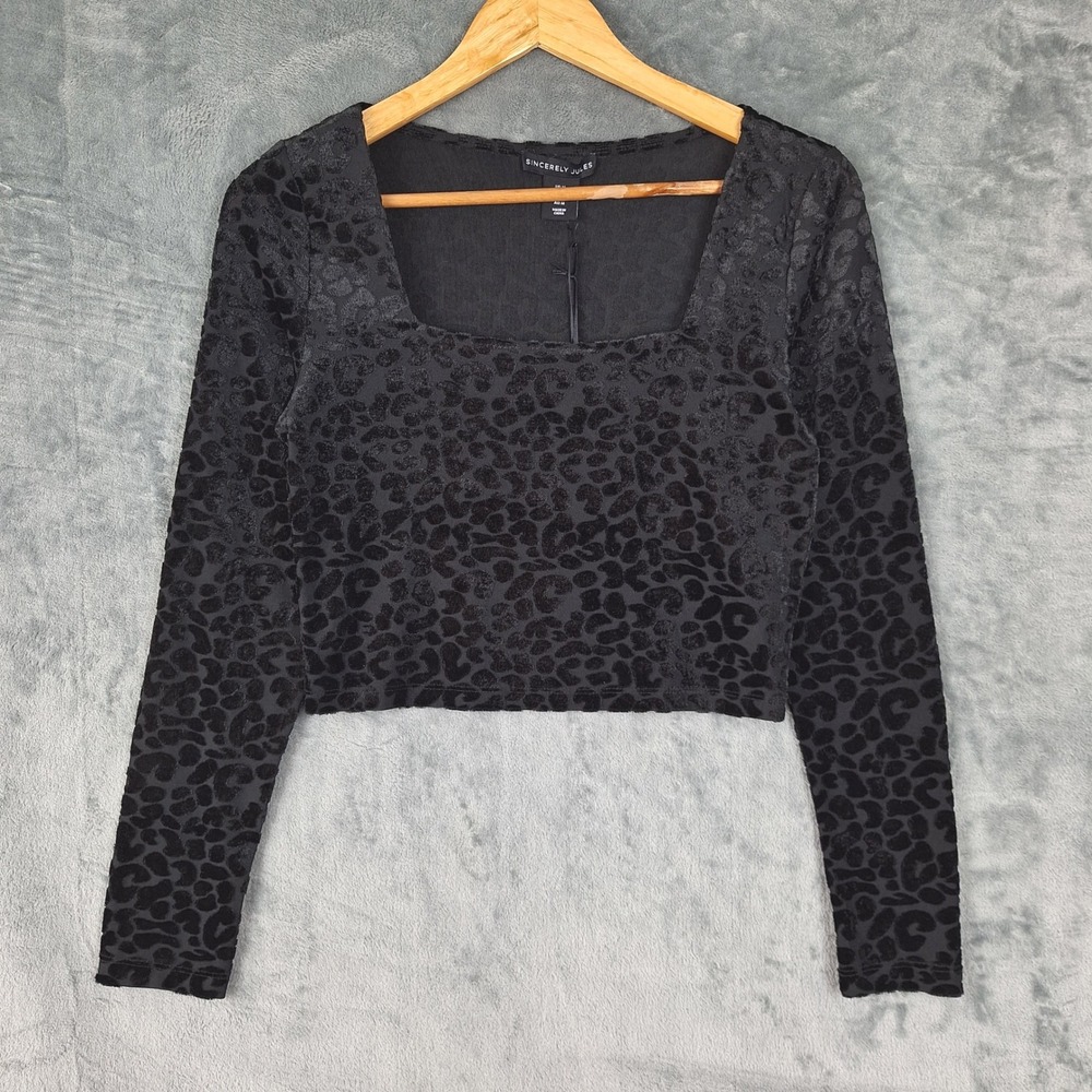 Womens Top Medium Black Whimsigoth Cropped Velvet Burnout Fairy Grunge Leopard